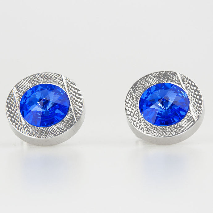 Double Round Silver/Blue Crystal Cufflinks