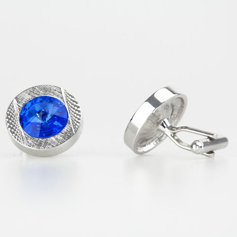 Double Round Silver/Blue Crystal Cufflinks