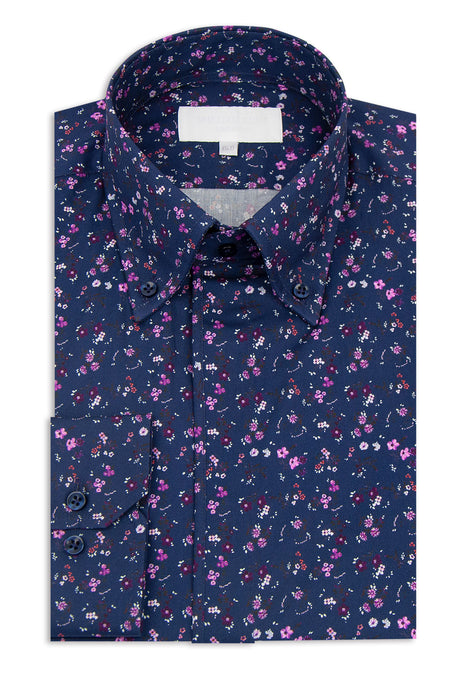 Navy with Striking Floral Button Down Collar Shirt