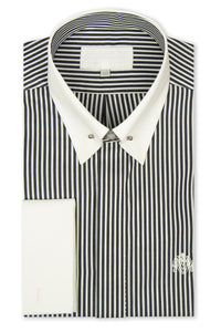 Dark Navy and White Stripe Pin Collar Shirt
