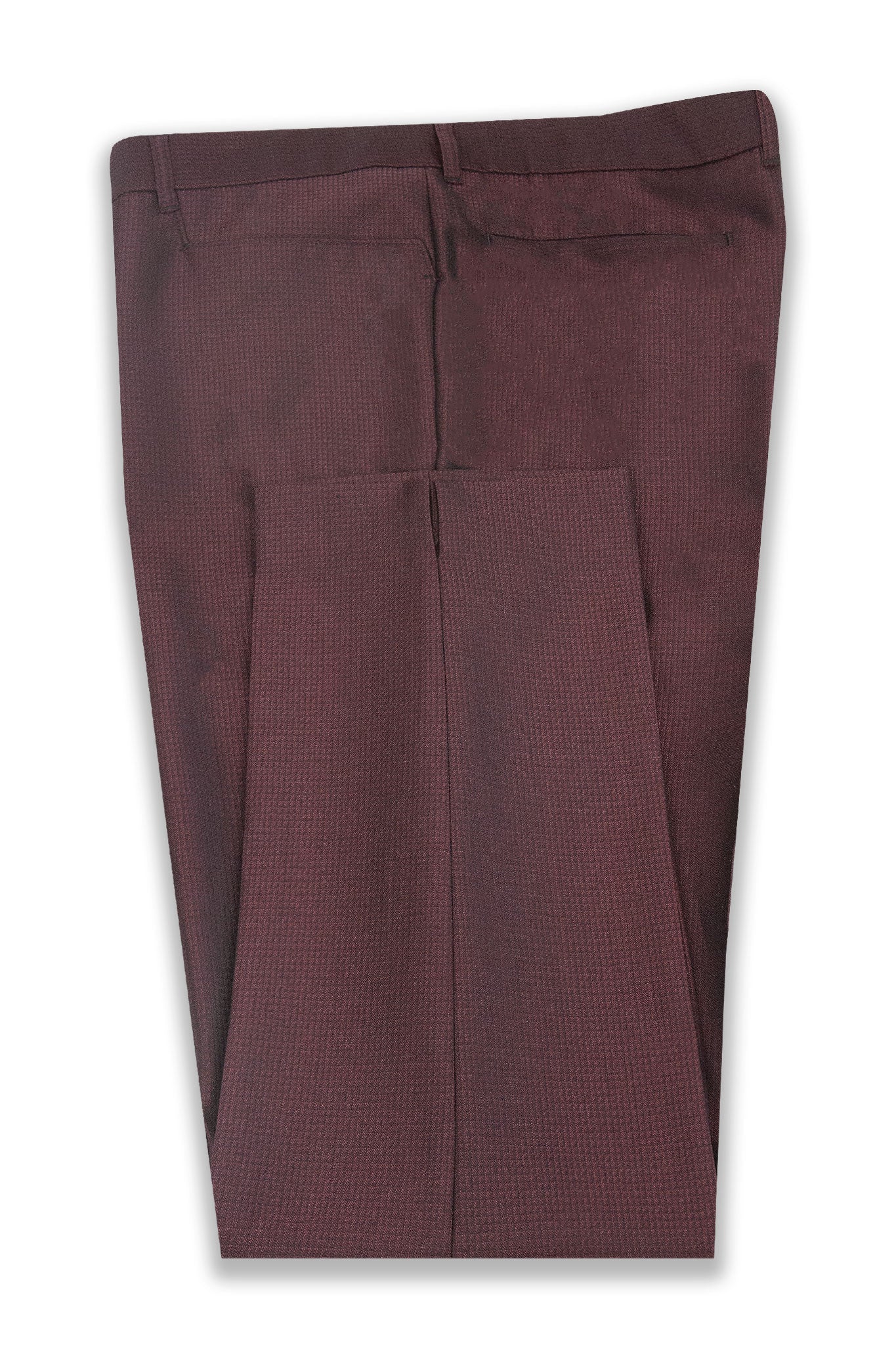 A glossy red wool-polyester blend trouser with a flat front and a single extension hook and eye fastening at the waist with fly front.
