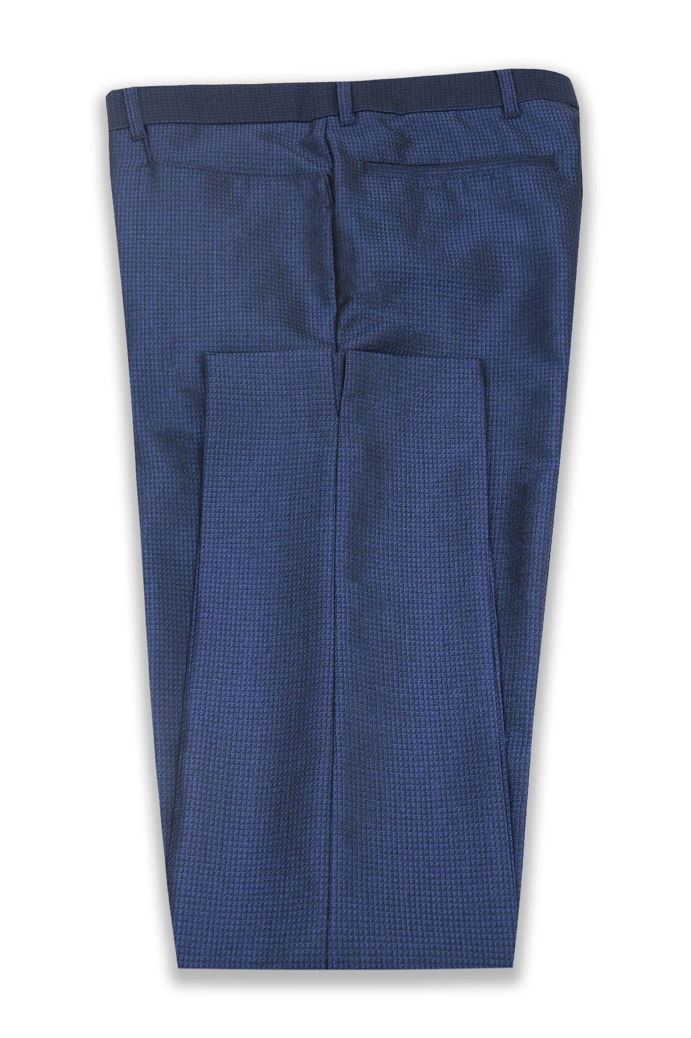 A pair of glossy blue trousers with a grid effect texture, featuring a single extension hook and eye fastening at the waist with a fly front.