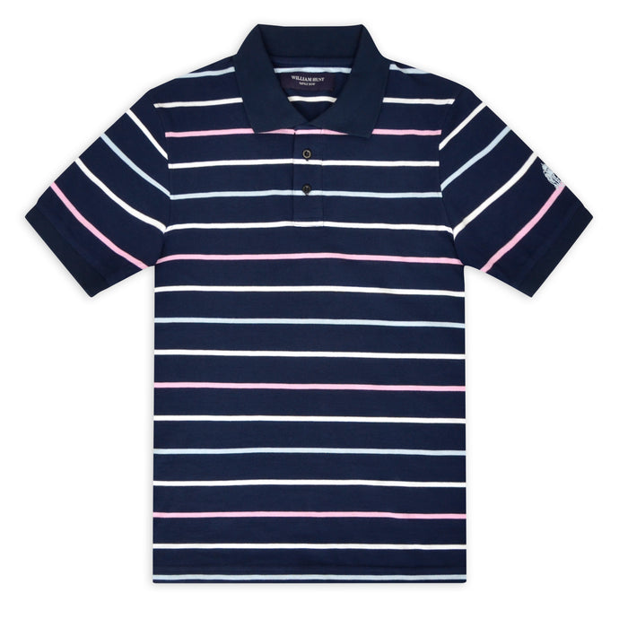 Navy with Pink, Sky and White Thin Stripe Piqué Polo Top
