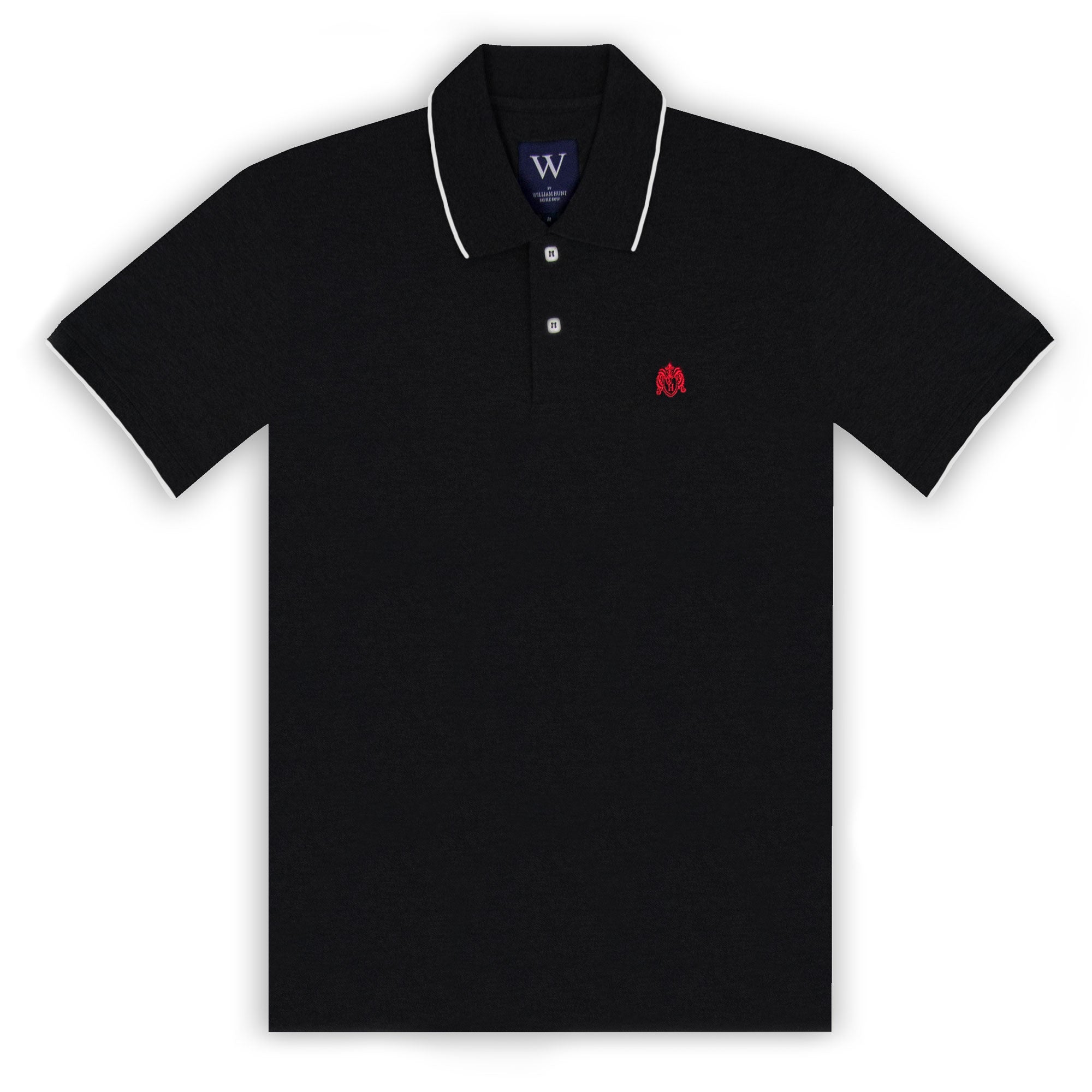 A black polo shirt with white tipping on the collar and cuffs, and a red woven William Hunt crest on the left chest.