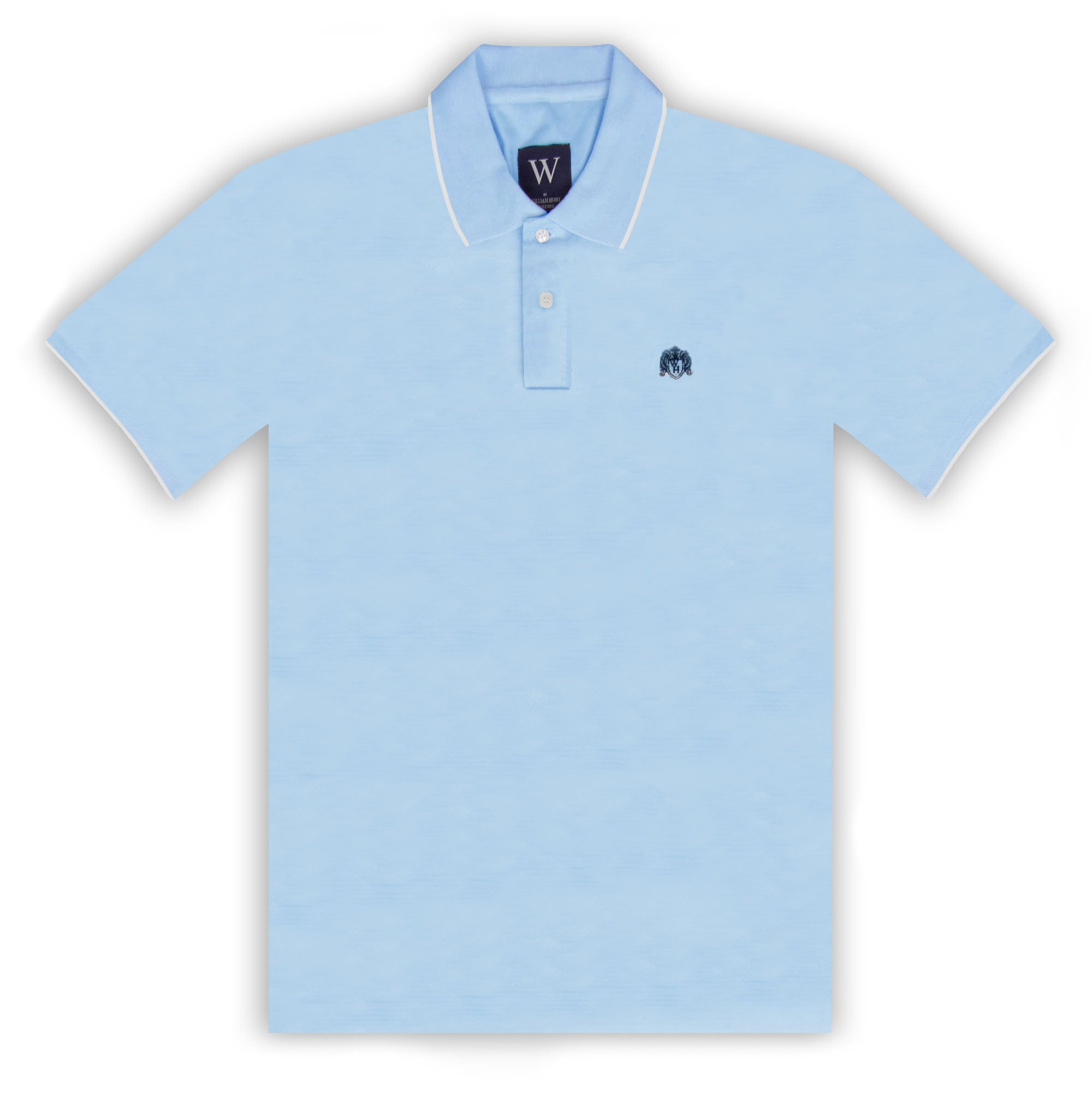A light blue polo shirt with white tipping on the collar and cuffs, and a woven William Hunt crest on the left chest.