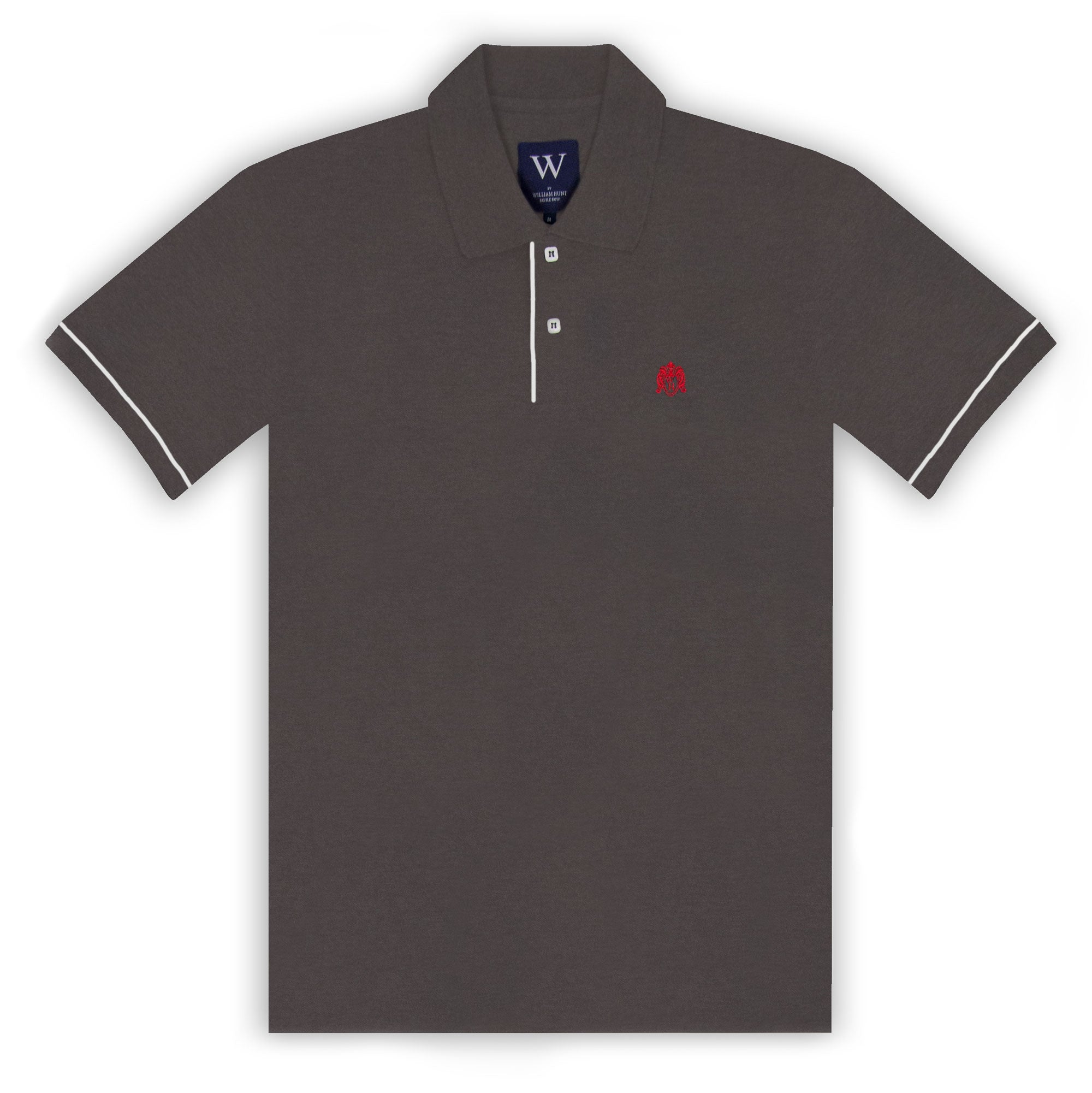 A charcoal polo shirt with white piping on the cuffs and a woven William Hunt crest on the left chest