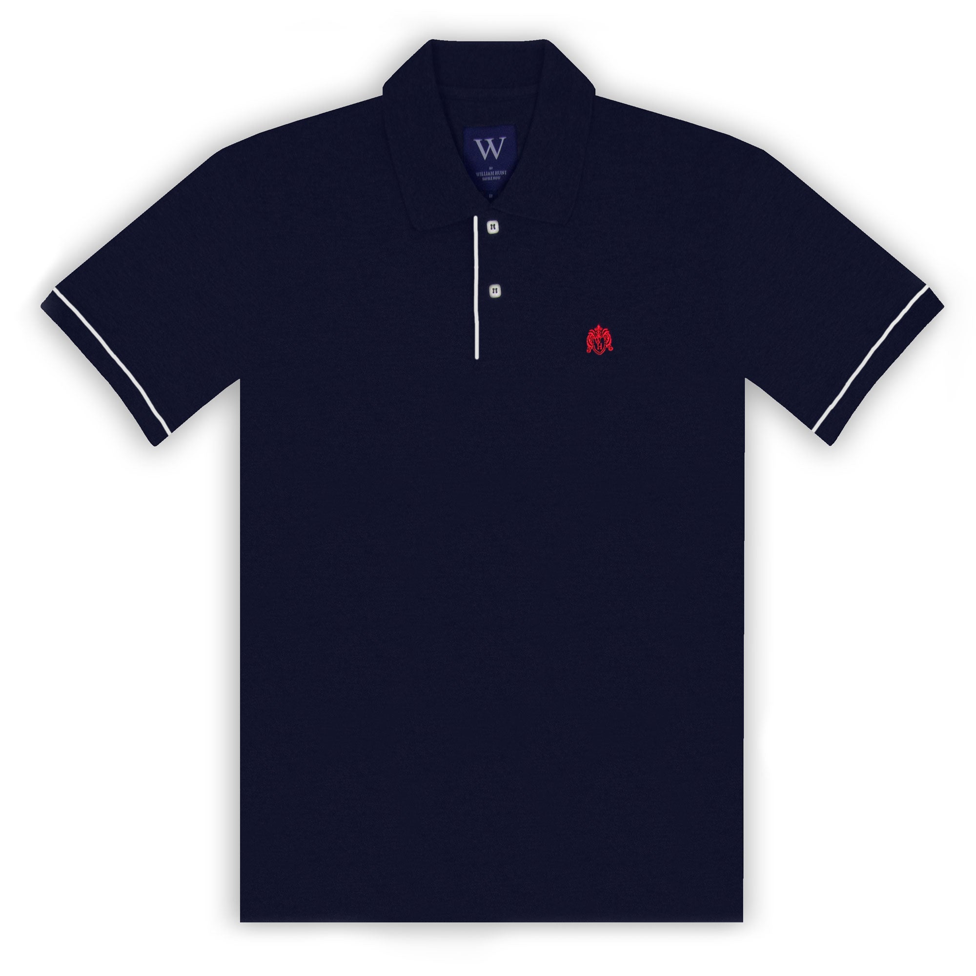 Navy and blue striped polo shirt with a collar and short sleeves, featuring a woven crest on the left chest.