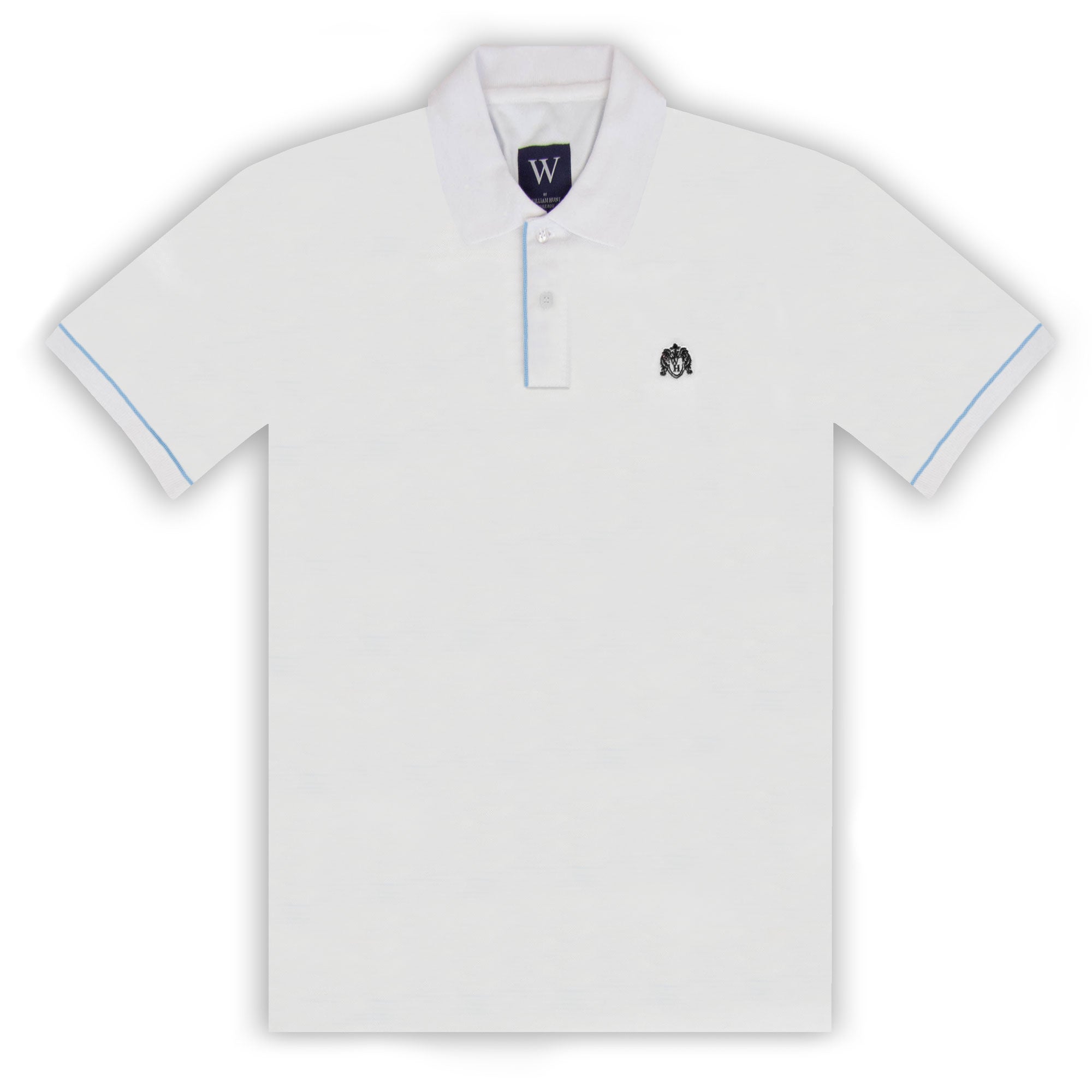 A white polo shirt with sky blue piped cuffs and a small William Hunt brand crest on the left chest.