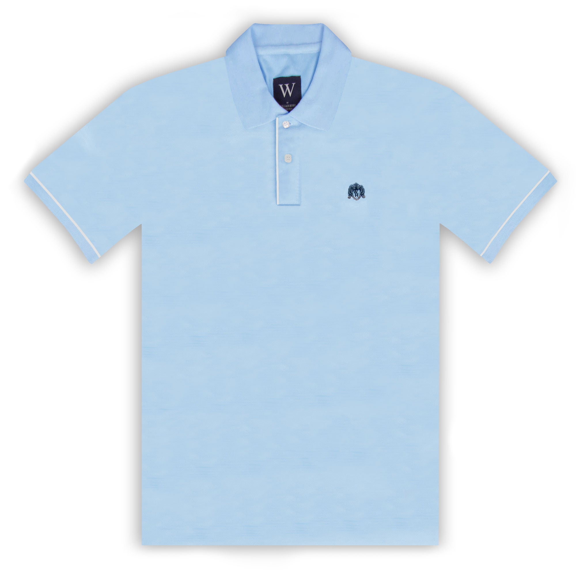A light blue cotton piqué polo top with a collar, cuffs, and a crest on the left chest.
