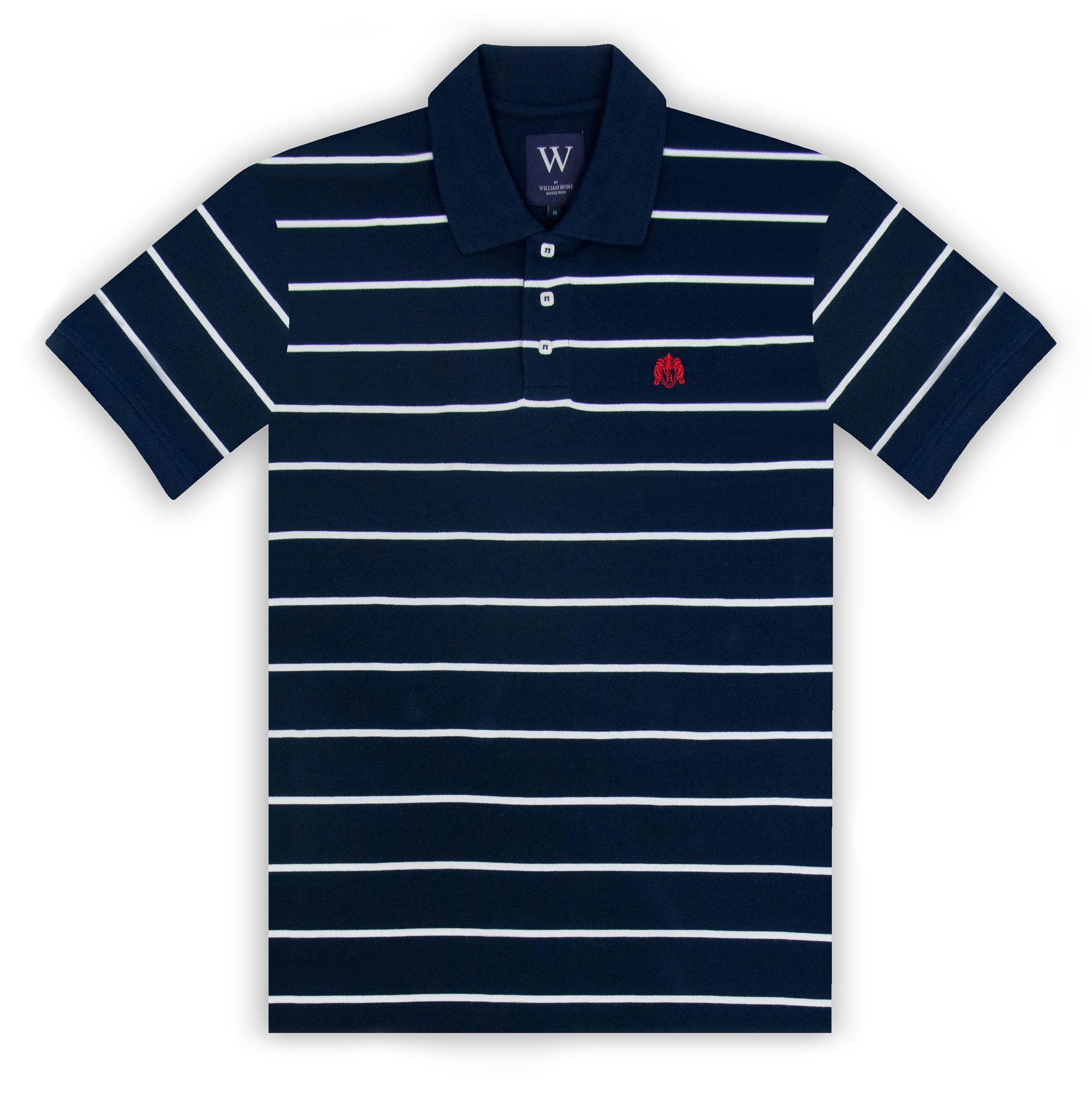 Navy blue polo shirt with thin white stripes and a woven crest on the left chest.