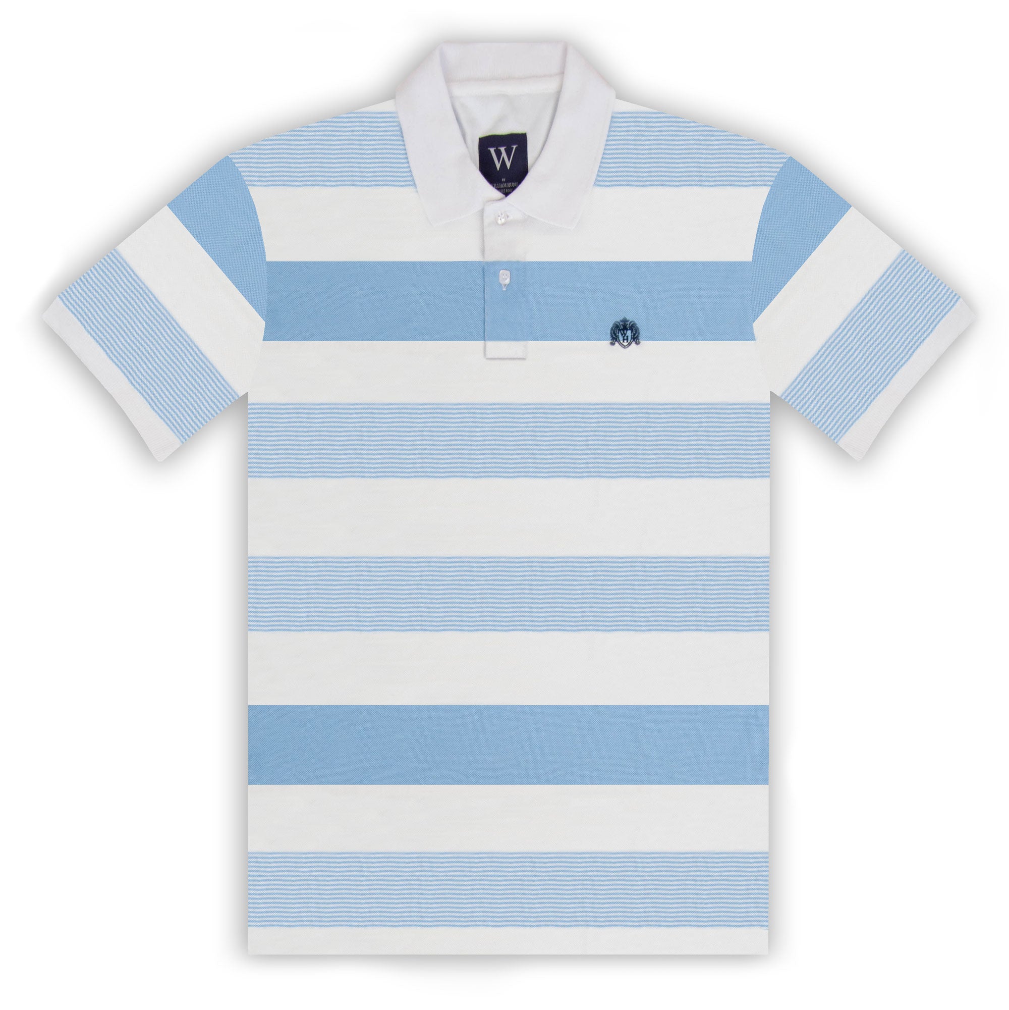 A striped polo shirt with white and light blue horizontal bands, featuring a woven William Hunt crest on the left chest.