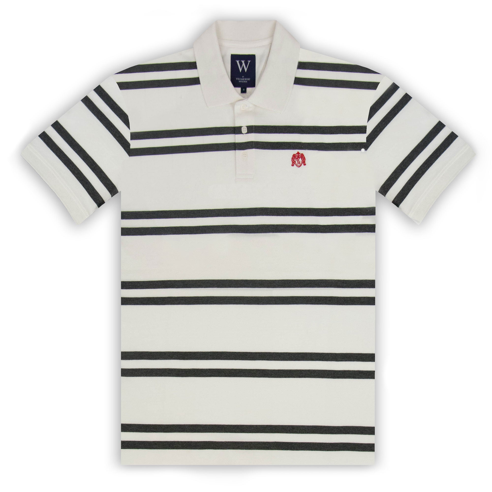 A cotton piqué polo top with horizontal charcoal stripes on a ecru background and a woven William Hunt crest on the left chest.