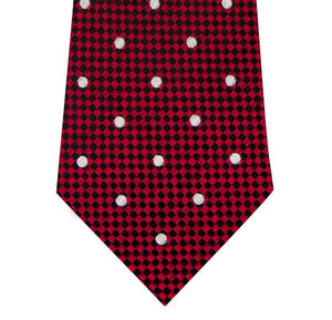Red and White Polka Dot Silk Tie with Check Background Close