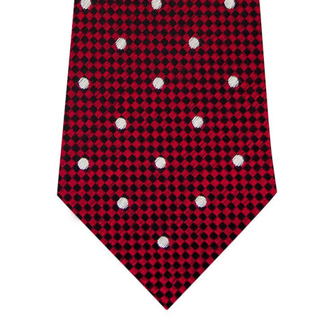 Red and White Polka Dot Silk Tie with Check Background