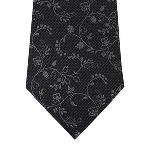 Black and Grey Floral Design Silk Tie Close
