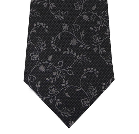 Black and Grey Floral Design Silk Tie Long