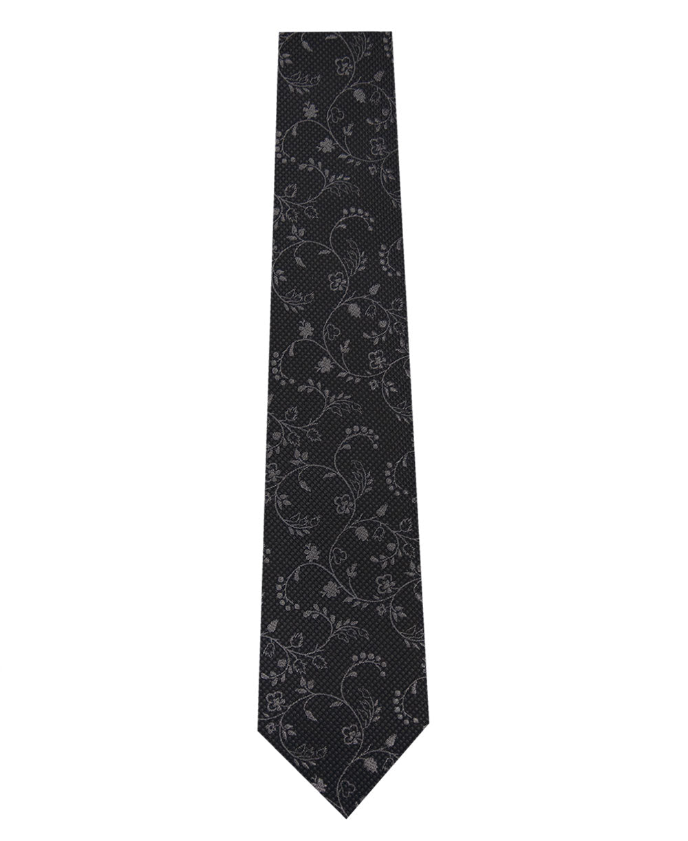 Black and Grey Floral Design Silk Tie Long