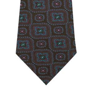 Black Silk Tie with Purple and Teal Pattern Close