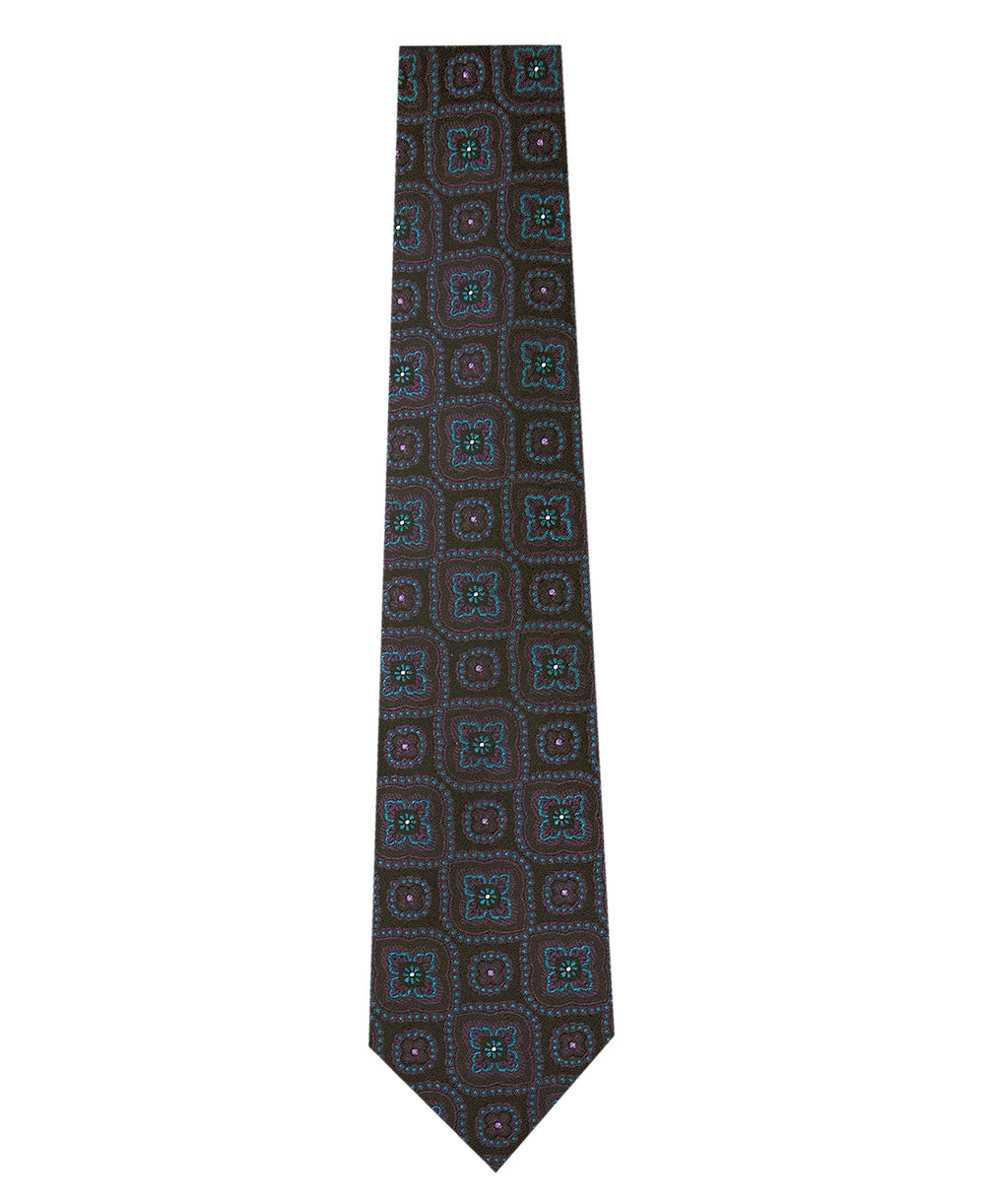 Black Silk Tie with Purple and Teal Pattern Long