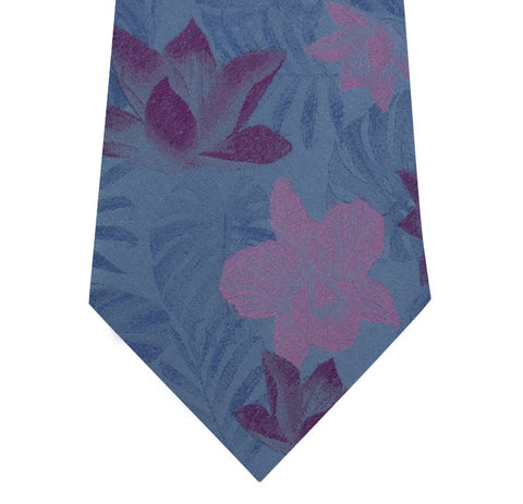 Sky Blue Silk Tie with Pink Floral Long
