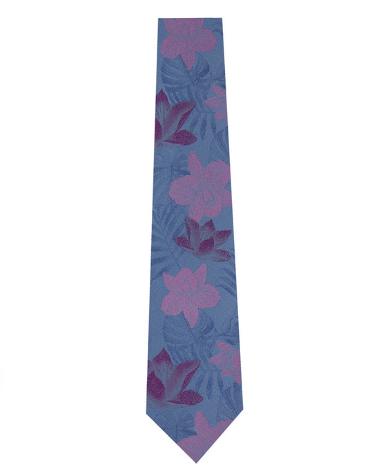 Sky Blue Silk Tie with Pink Floral Long