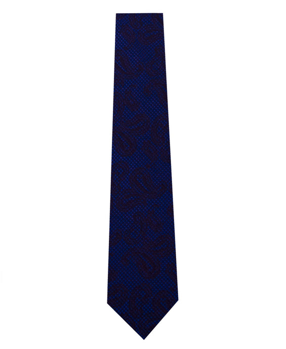 Blue with Black Paisley Pattern Silk Tie Long